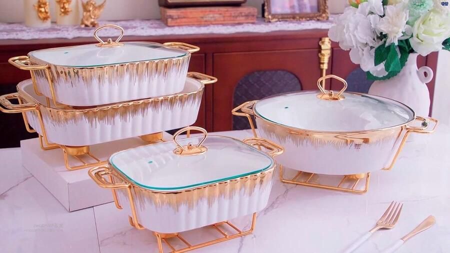 Keramische Warmhoudset Buffet Warmers Eten Warm Houden Marmerlook Afwerking 4-delig Wit