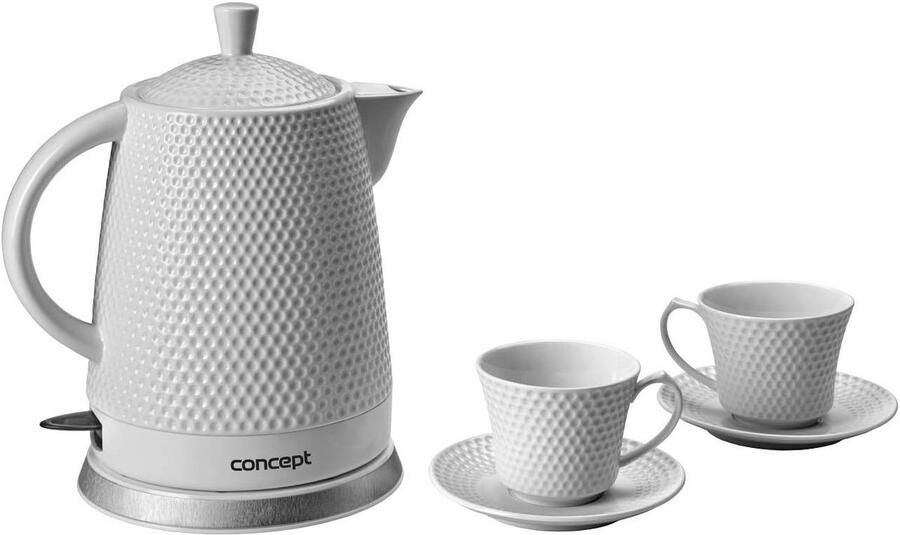 Keramische Waterkoker Met 2 Bijpassende Kopjes en Schotels 1.5L Wit