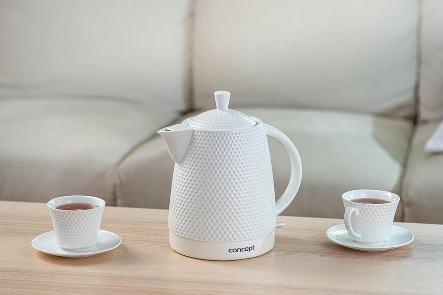 Keramische Waterkoker Met 2 Bijpassende Kopjes en Schotels 1.5L Wit