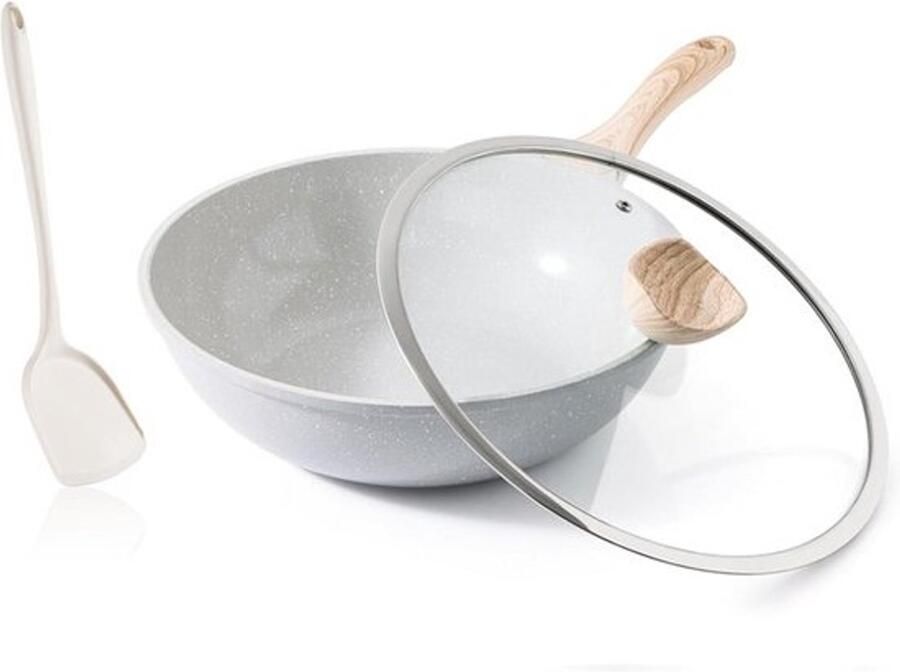 Kordisen Keramische Wok 30 cm Inductiewok met Deksel Antiaanbaklaag Geschikt voor Alle Kookplaten PFOA en PFAS Vrij (Grijs)