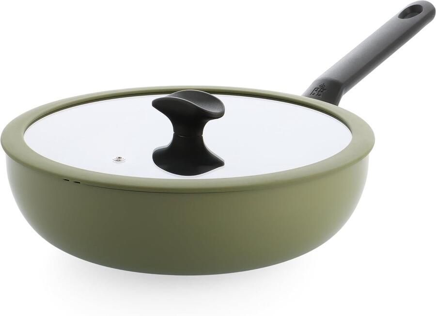 Keramische Wokpan Wok met Deksel Roerbakken en Koken PFAS-vrije Antiaanbaklaag 28 cm Olijfgroen