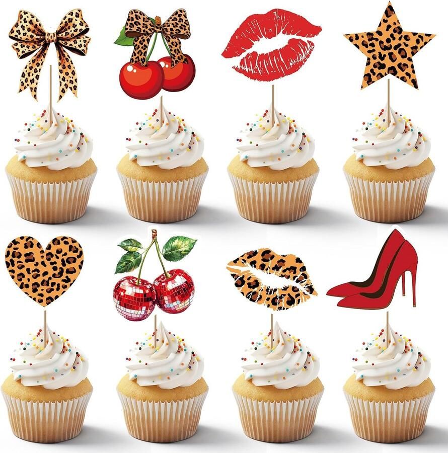 Kers cupcake decoratie 48 stuks luipaard kersen taarttopper met rode lippen high heel cupcake versiering gepard kersen feesttaartdecoratie