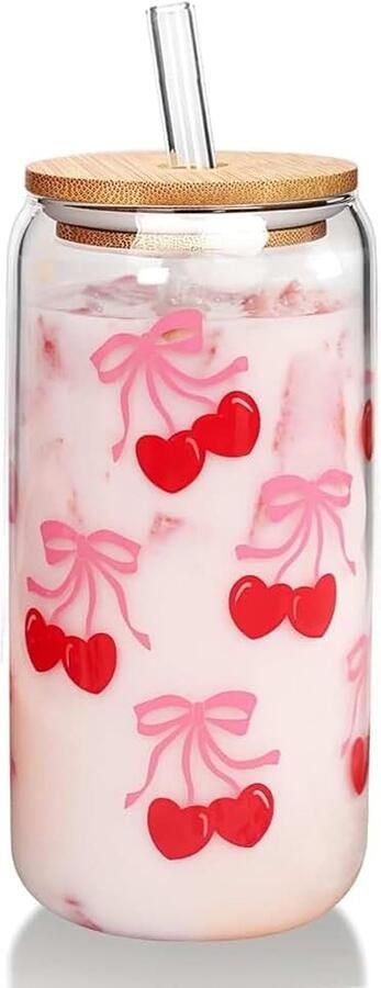 Kersen glazen mok met deksel en rietjes 400 ml motief kersen ijskoffiekopjes met deksel leuke glazen schalen drinkglas tumbler Moederdag verjaardagscadeau voor vrouwen