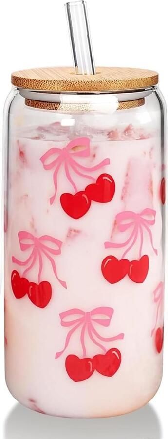 Kersen glazen mok met deksel en rietjes 400 ml motief kersen ijskoffiekopjes met deksel leuke glazen schalen drinkglas tumbler Moederdag verjaardagscadeau voor vrouwen