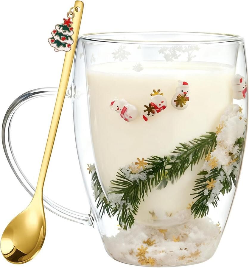 Kerstbekers 350ML Dubbelwandige koffieglazen Kerstkoffiekop Kerstglazen met handvat Kerstbekers Koffie Theeglazen Kerstgeschenken voor familie vrienden