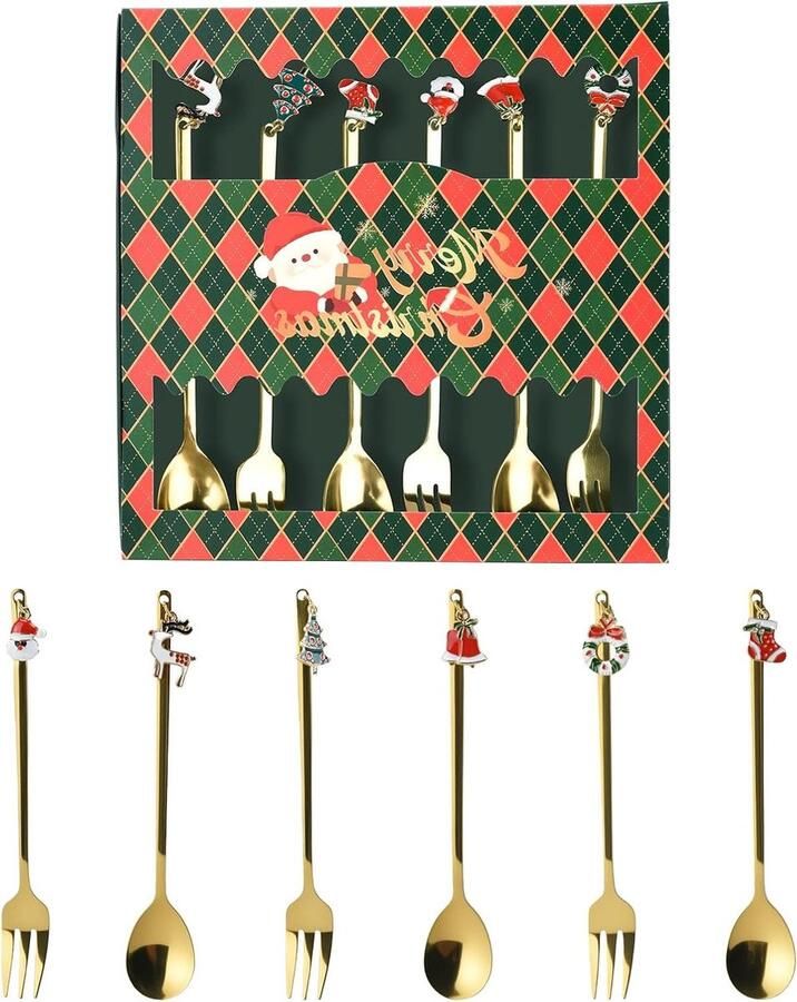 Roestvrijstalen Kerstlepels en Vorken Goud – Set van 6 met Geschenkdoos voor Taart Dessert en Koffie