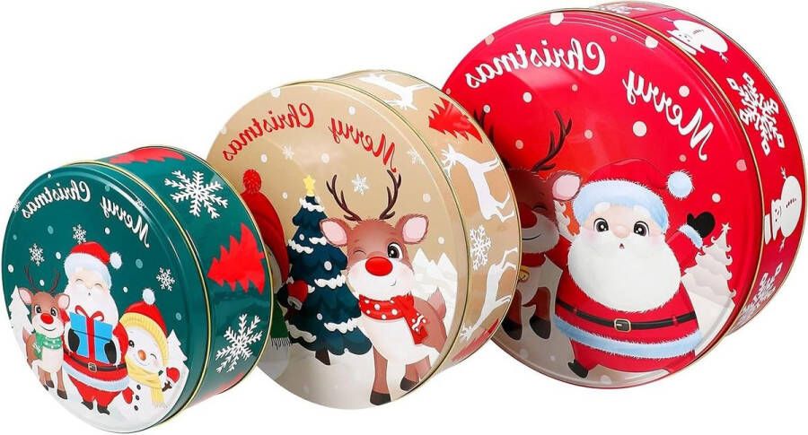 Kerstdoos metalen set van 3 ronde geschenkdozen 25 cm 21 cm 17 cm
