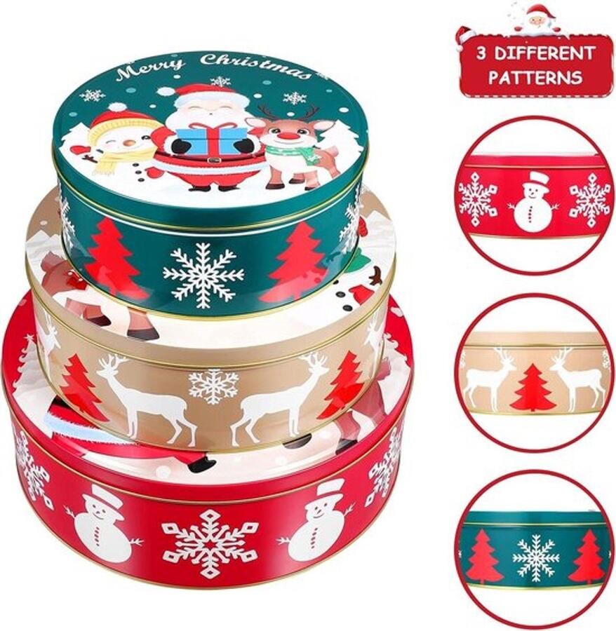 Kerstdoos metalen set van 3 ronde geschenkdozen 25 cm 21 cm 17 cm