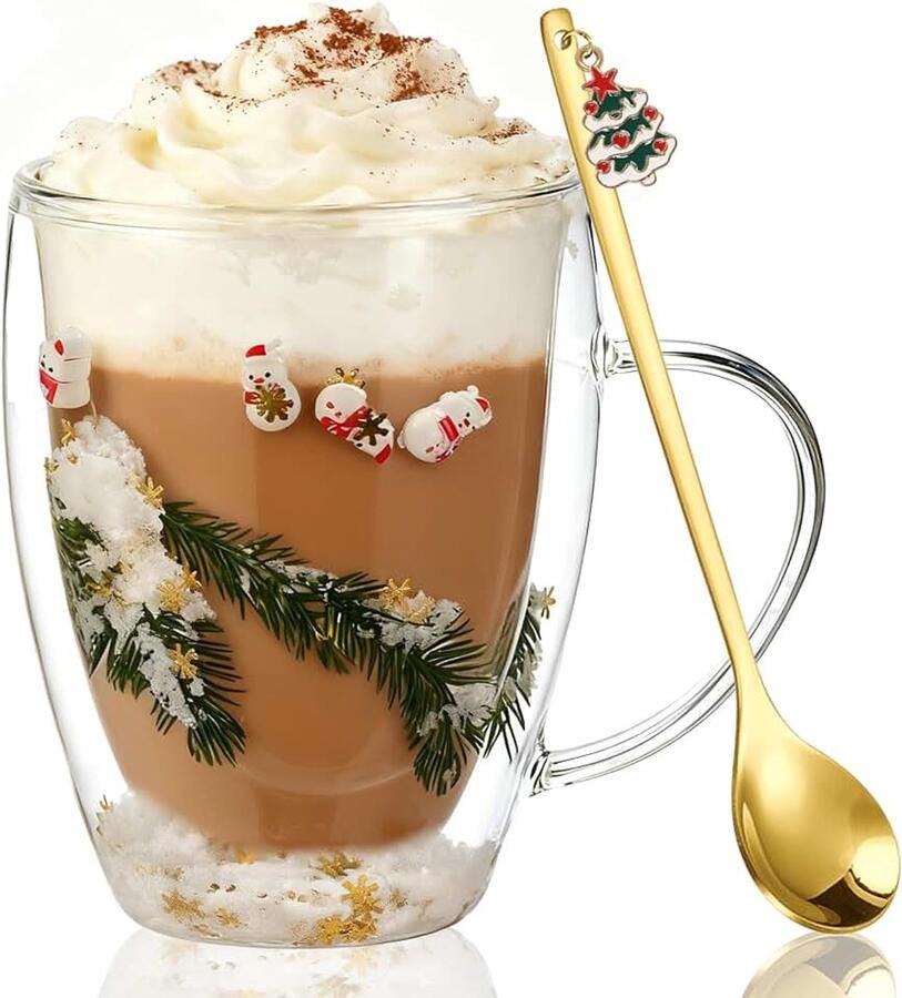 Kerstkoffiebeker 350ML dubbelwandige glazen kerstbeker koffie theeglazen schattige koffiekopjes met lepel geschikt voor de magnetron vaatwasserbestendig kerstcadeaus