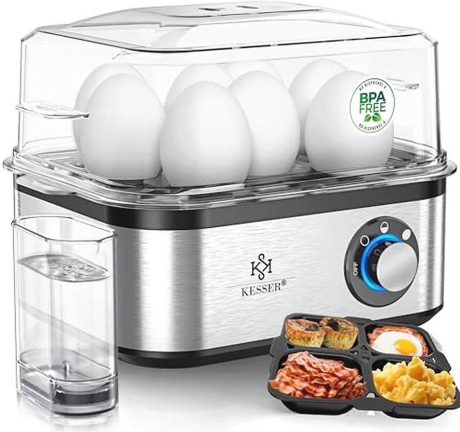 KESSER Elektrische eierkoker voor 1 tot 8 eieren van roestvrij staal 500 W en warmhoudfunctie led-draaischakelaar drie hardheidsgraden BPA-vrij en vaatwasmachinebestendig maatbeker eierhouder