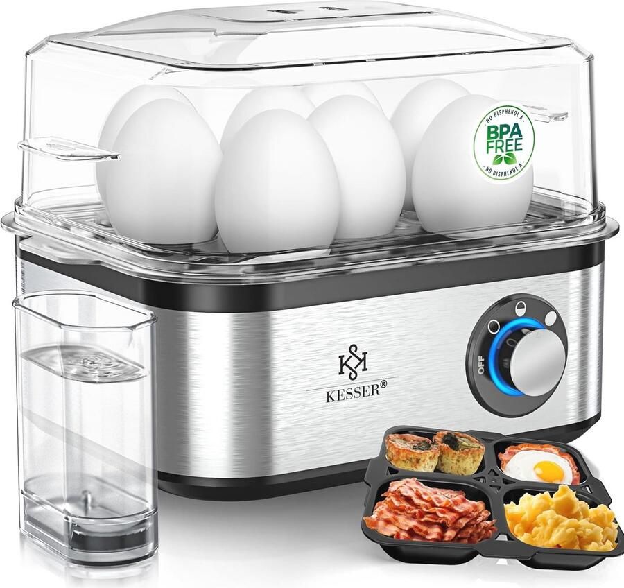 KESSER Elektrische eierkoker voor 1 tot 8 eieren van roestvrij staal 500 W en warmhoudfunctie led-draaischakelaar drie hardheidsgraden BPA-vrij en vaatwasmachinebestendig maatbeker eierhouder