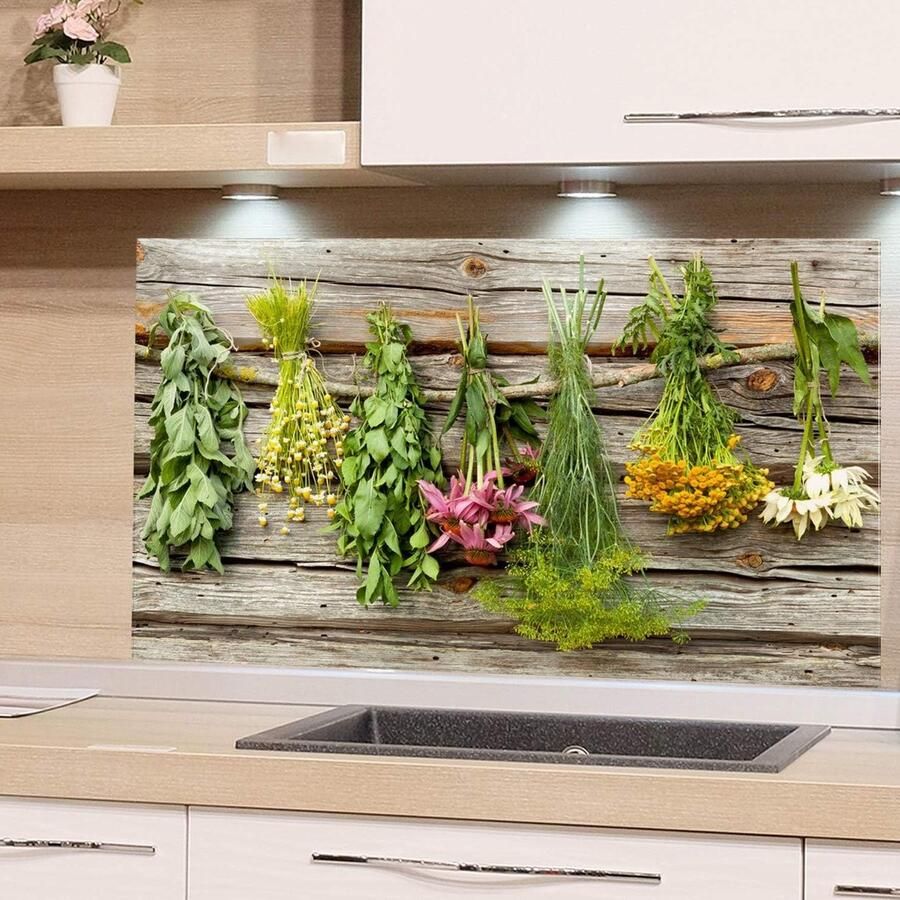 Keuken Achterwand Glas Spatbeschermer Fornuis Keuken Beschermen Krasbestendig Echt Glas 100x60 cm Kruiden