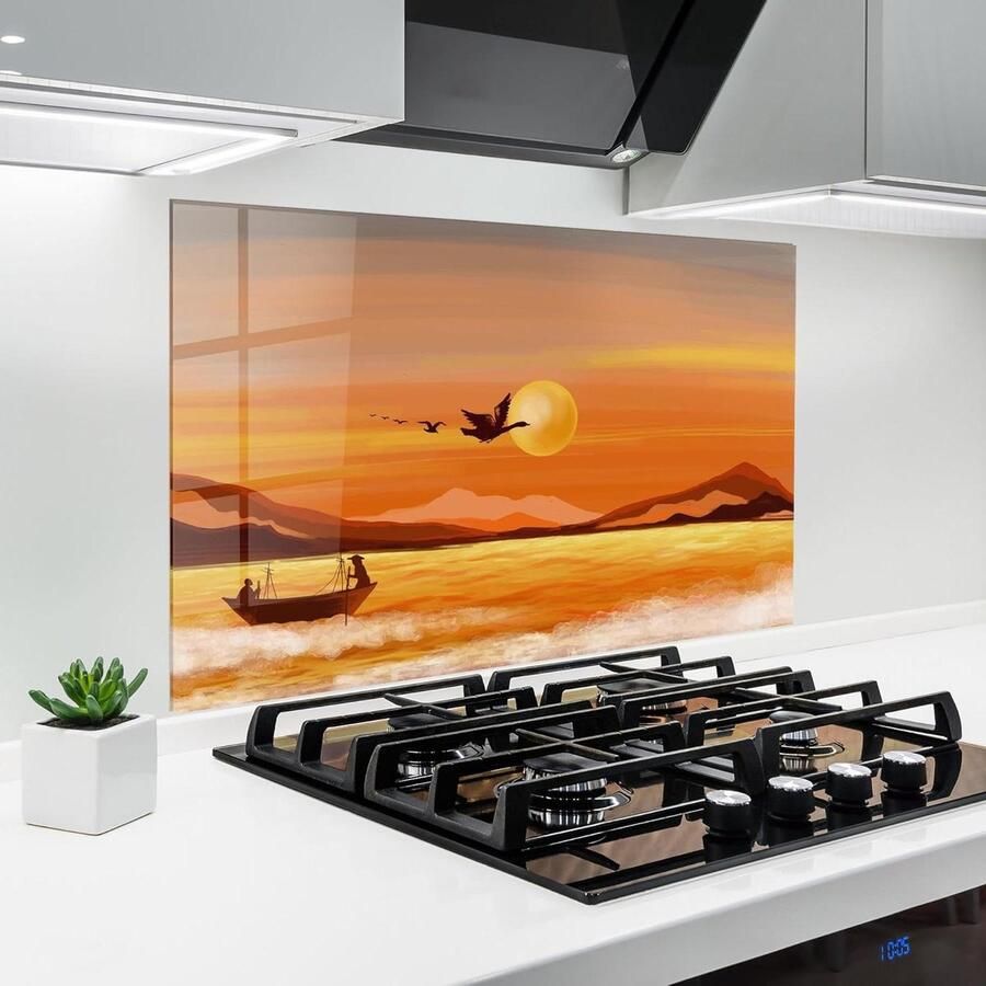 Keuken achterwand glas Spatbescherming fornuis Bescherming keukenwand Gehard glas 5mm 60x100 cm Landschap Sunset