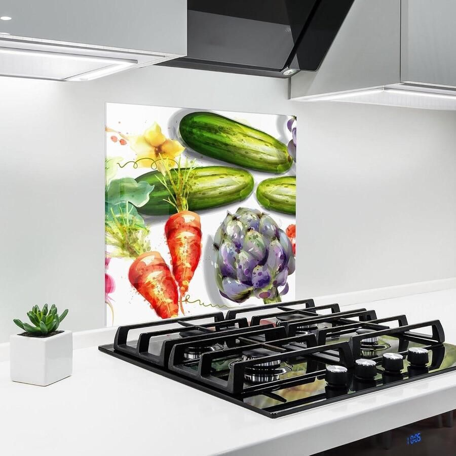 Keuken achterwand glas Spatbescherming fornuis glazen plaat Keuken beschermen Gehard glas 5mm 60x60 cm Watercolor Vegetables