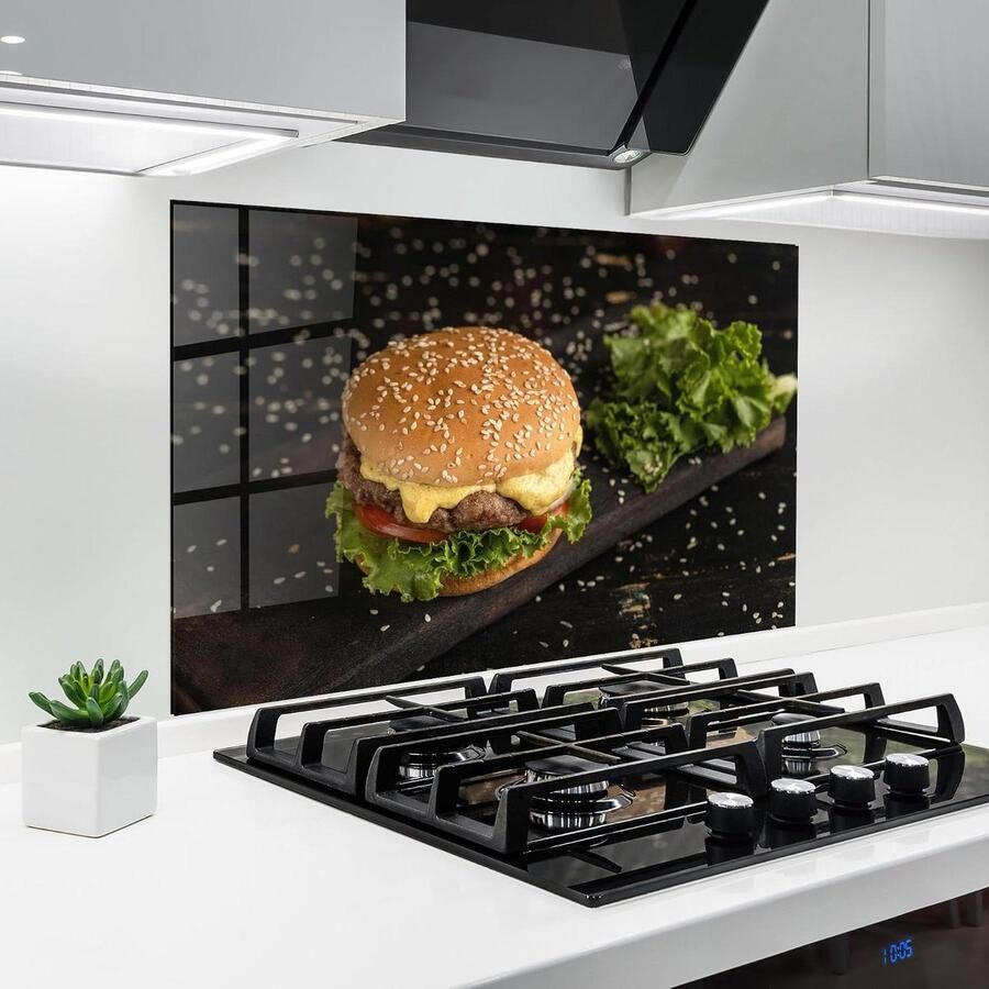 Keuken achterwand glas Spatbescherming fornuis glazen plaat Keuken beschermen Hittebestendig gehard glas 50x70 cm Salad Hamburger