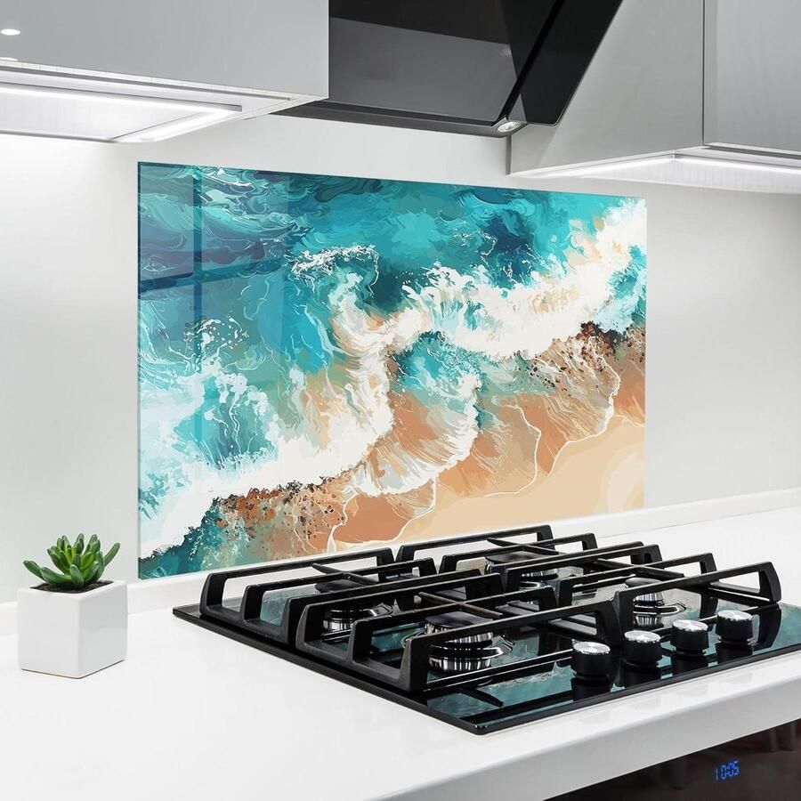 Keuken achterwand glas Spatbescherming fornuis Keuken beschermen 3D diepte print 60x80 cm Pretty Beach Waves