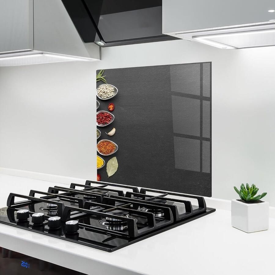 Keuken achterwand glas Spatbescherming fornuis Keuken beschermen Gehard glas 5mm 100x100 cm Condiments Spoons