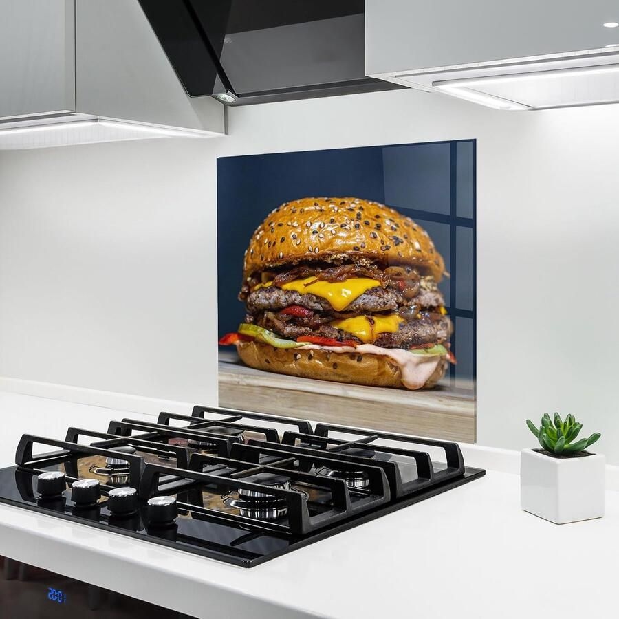 Keuken achterwand glas Spatbescherming fornuis Keuken beschermen Hittebestendig 200°C 100x100 cm Tasty Hamburger
