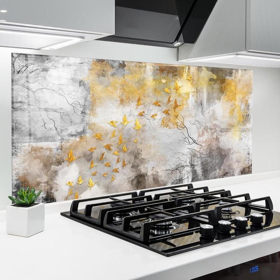 Keuken achterwand glas Spatbescherming fornuis plaat Keuken beschermen Gehard glas 5mm 60x120 cm Gold Birds Flying
