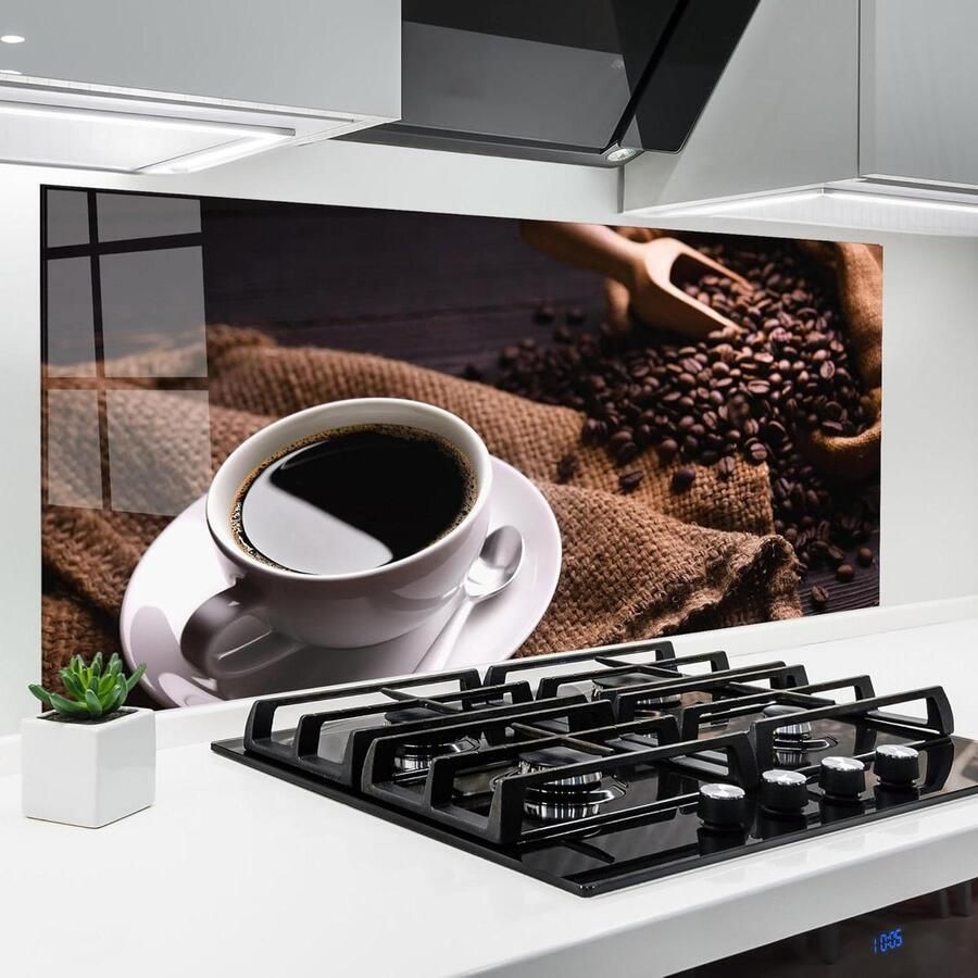 Keuken achterwand glas Spatbescherming glasplaat Koken en schoonmaken Hittebestendig 200°C 60x120 cm Koffie op hout print