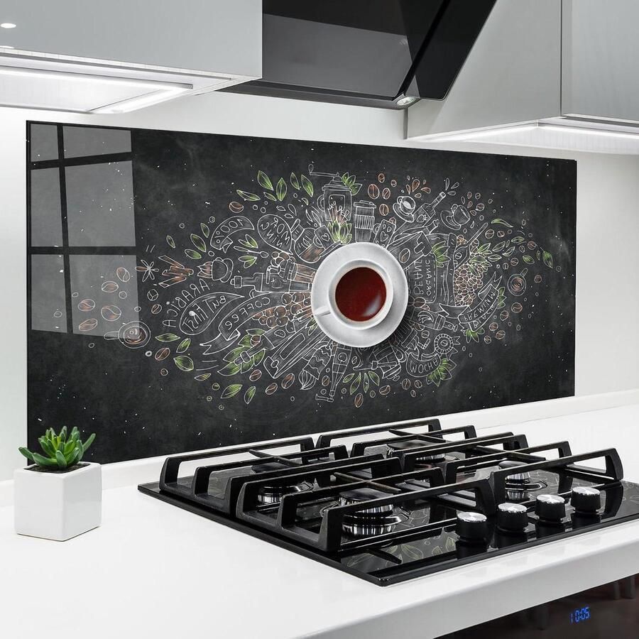 Keuken achterwand glas Spatbescherming glazen plaat Bescherming kookplaat Hittebestendig 5mm glas 60x120 cm Black Board Coffee