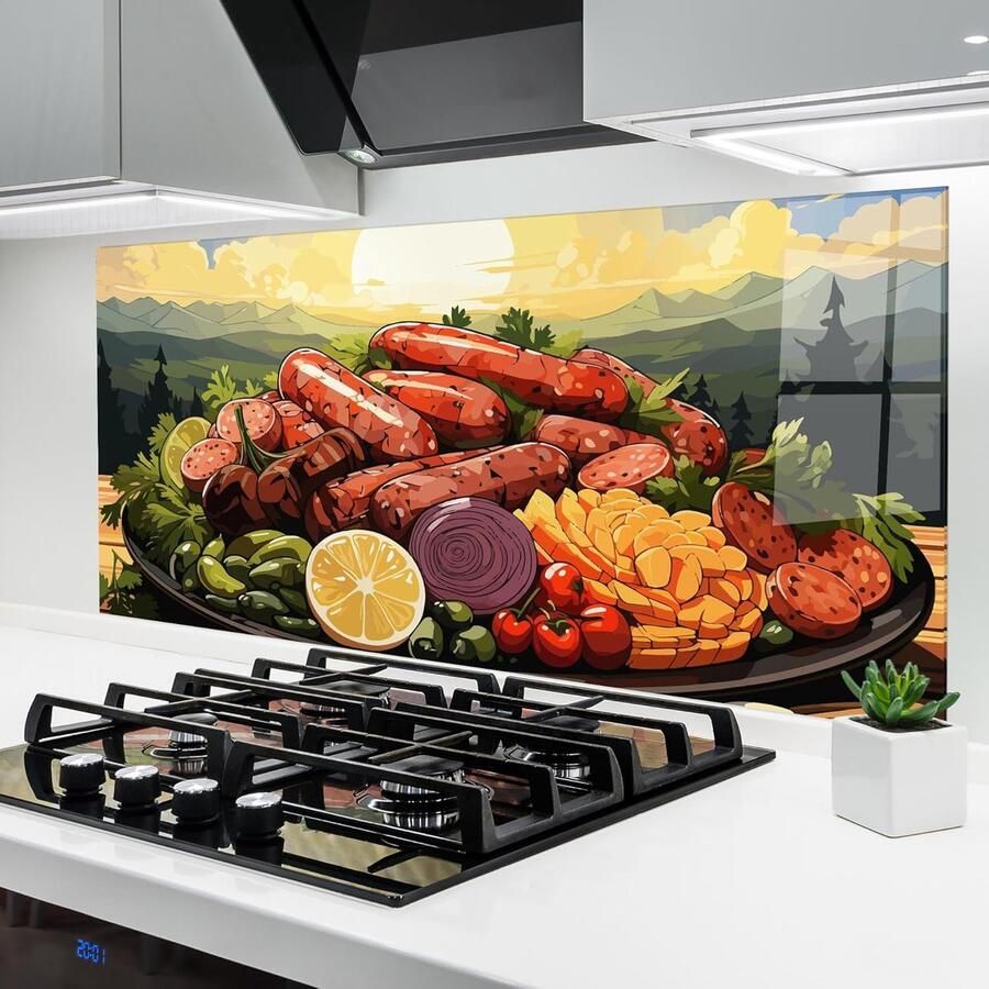 Keuken achterwand glas Spatbescherming glazen plaat Koken beschermen Hittebestendig gehard glas 60x150 cm Sunset Sousages