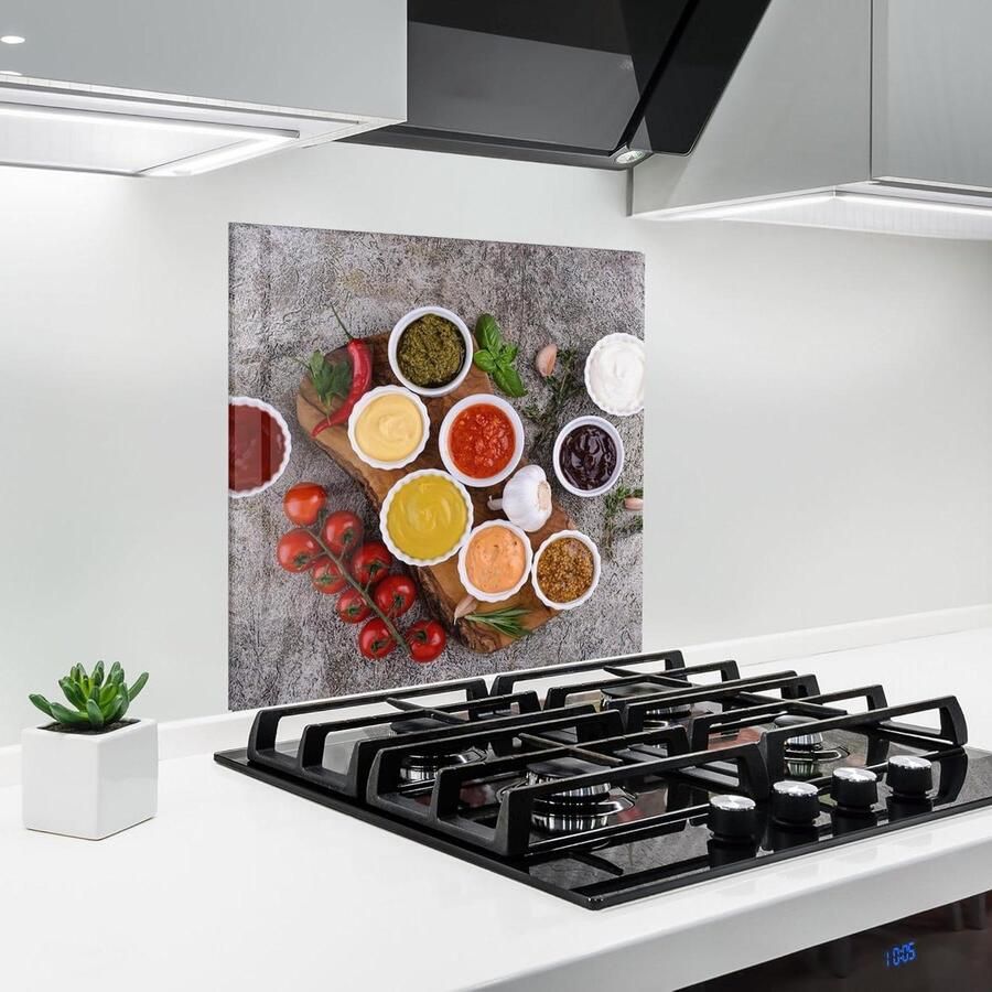 Keuken achterwand glas Spatplaat glasplaat Bescherming kookplaat Hittebestendig 200°C 60x60 cm Verschillende sauzen