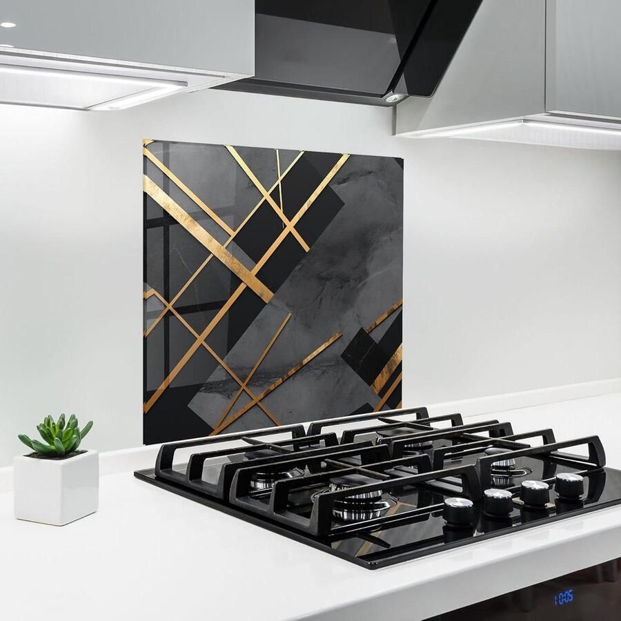 Keuken achterwand glas Spatwand glasplaat Bescherming kookplaat Abstract design goudlijnen 60x60 cm Grijs