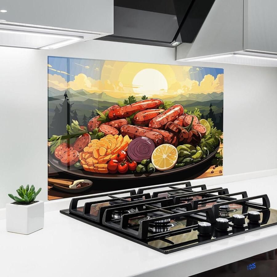 Keuken achterwand Glazen plaat Bescherming kookplaat Hittebestendig glas 70x50 cm Zonsondergang Worstjes