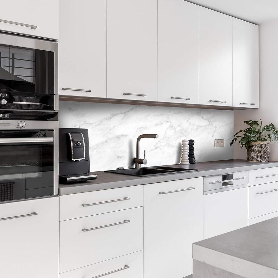 Keuken Achterwand Spatwand Tegelbekleding Koken Woondecoratie Voegloos Waterbestendig 240 x 60 cm Marmer Wit