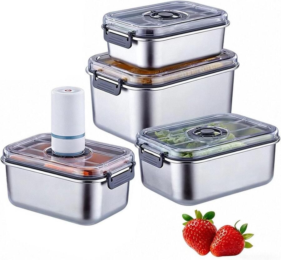 Keuken Containers Opslag Set Voedsel Bewaren Vacuüm Seal Technologie 4 Delig Zilver