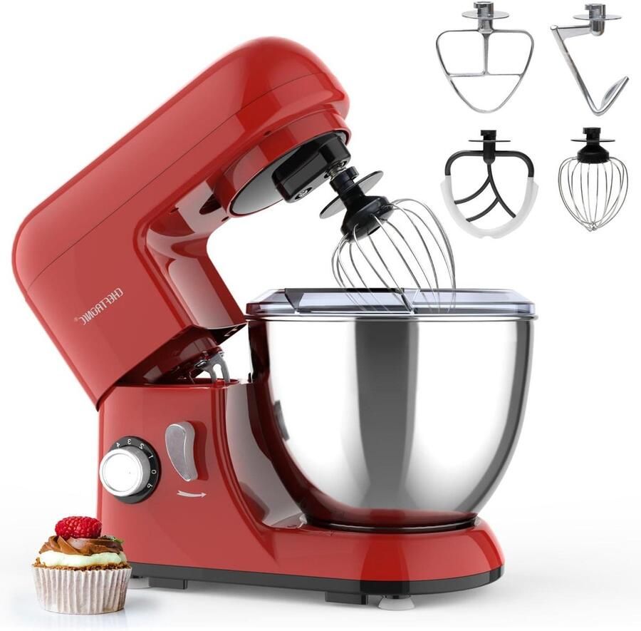 Keuken Mixer Standmixer Deegkneder Bakken en Koken 6 Snelheden Instelbaar 4L Kom Rood