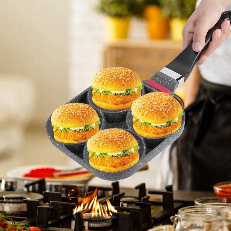 Pannenkoekenpan Aluminium Koekenpan 4-kops Ontbijt Maken Antiaanbaklaag 40 cm Zwart