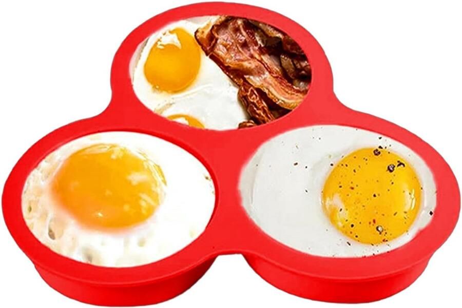 Keuken Siliconen Eierbakvorm 3 Caviteiten Airfryer Moule Multifunctioneel voor Oven Microgolf Airfryer Etenveilig Silicone Geschikt voor Eieren Muffins Kleine Taarten Rood Praktisch Bakken Accessoire