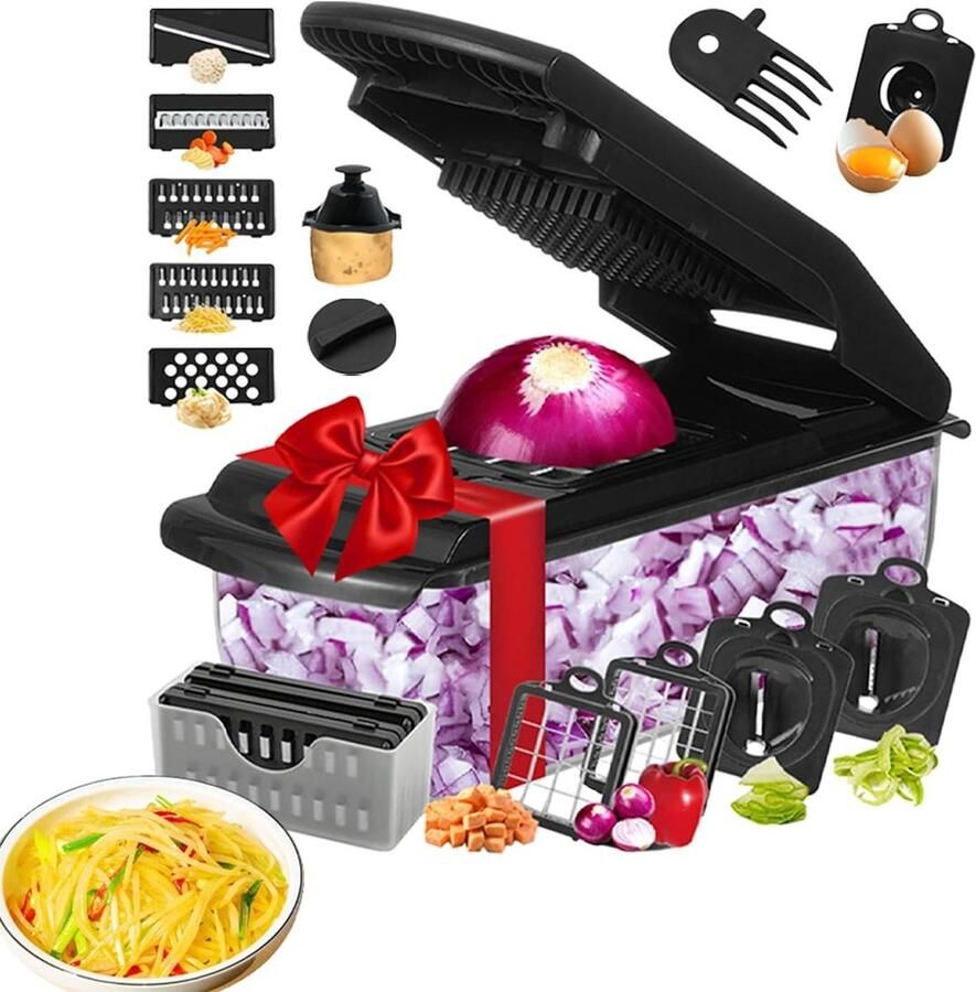 Keuken Snijmachine Groentehakker Dicer Maaltijden Voorbereiden 18-in-1 Functies 33.4 x 12.7 x 12.3 cm Zwart