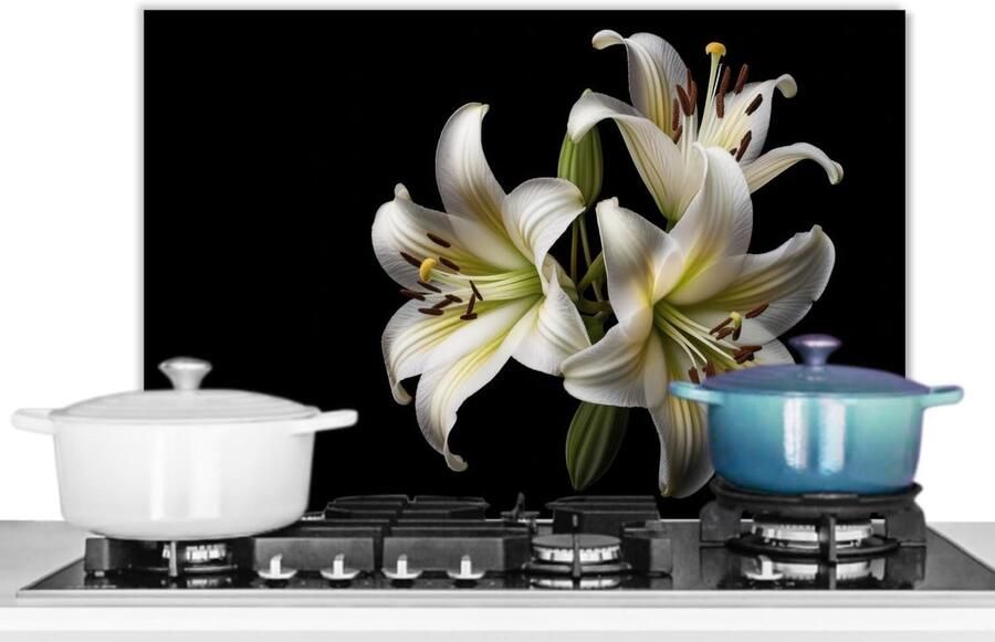 Keuken Spatscherm Achterwand Beschermer Bescherming Kookplaat Hittebestendig Aluminium 70x50 cm Wit Bloemen