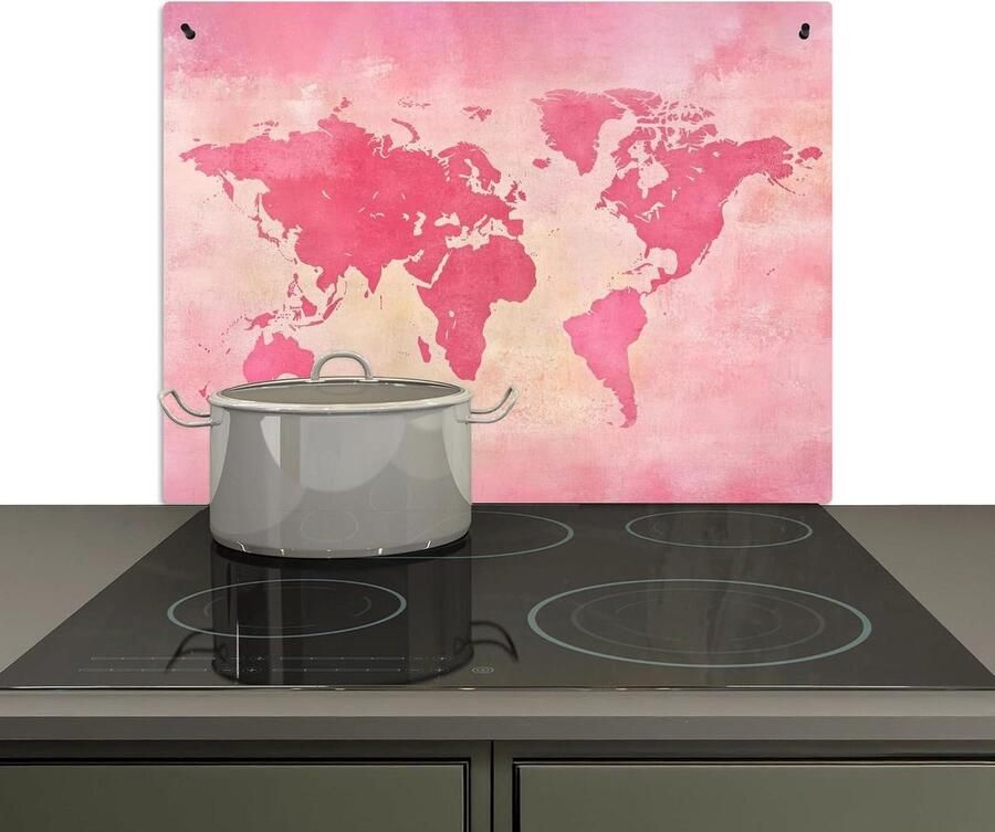 Keuken Spatscherm Achterwand Beschermer Koken en Beschermen Dubbele Functie 52x71 cm Roze Wereldkaart