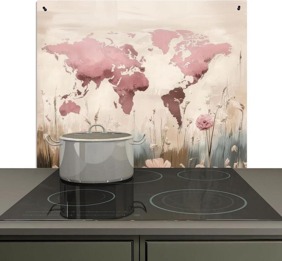 Keuken Spatscherm Achterwand Beschermer Koken en Reinigen 2-in-1 Functie 52x59 cm Roze Wereldkaart