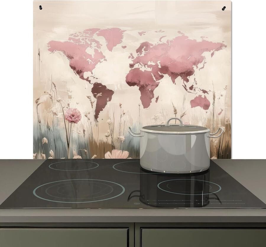 Keuken Spatscherm Achterwand Beschermer Koken en Reinigen Hittebestendig Vinyl 52x60 cm Roze Wereldkaart