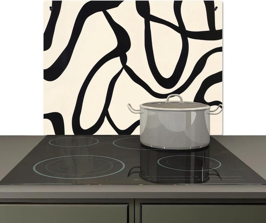 Keuken Spatscherm Achterwand Beschermer Kookplaat Beveiligen Hittebestendig Aluminium 59x77 cm Abstract Lijnen Beige