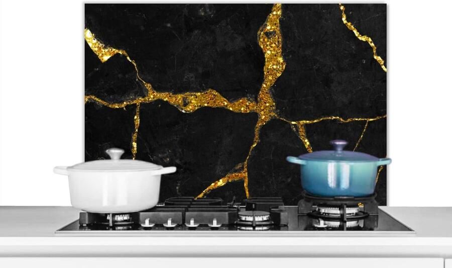 Keuken Spatscherm Spatwand Aanrecht Kookplaat Beschermen Marmerlook Met Goud 90x60 cm Zwart Goud