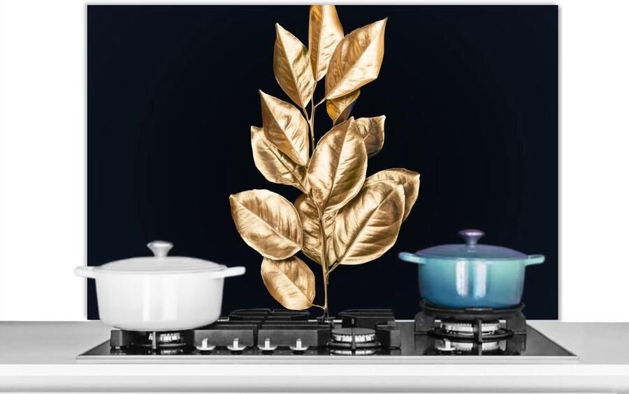 Keuken Spatscherm Spatwand Achterwand Kookplaat Beschermen Hittebestendig Aluminium 100x65 cm Goud Bladeren Zwart