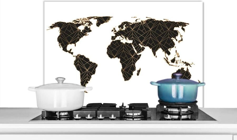 Keuken Spatscherm Spatwand Achterwand Kookplaat Beschermen Luxe Wereldkaart Design 90x60 cm Zwart Goud