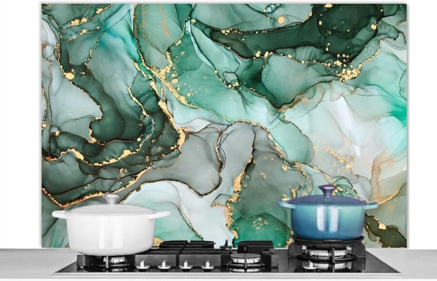 Keuken Spatscherm Spatwand Achterwand Kookplaat Beschermen Marmerlook Design 120x80 cm Groen Goud