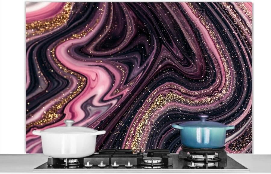 Keuken Spatscherm Spatwand Keuken Bescherming Kookplaat Hittebestendig Materiaal 120x80 cm Marmerlook Roze Goud