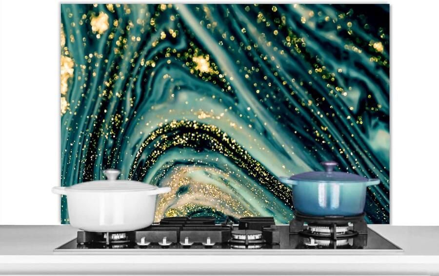 Keuken Spatscherm Spatwand Keuken Koken Beschermen Hittebestendig Aluminium 100x65 cm Marmerlook Goud Turquoise