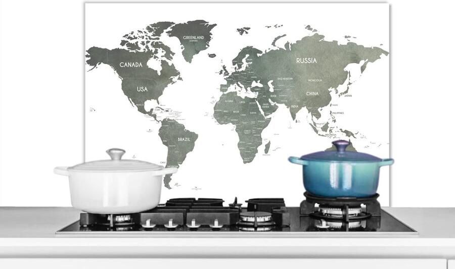 Keuken Spatscherm Spatwand Keuken Kookplaat Beschermen Hittebestendig Materiaal 90x60 cm Wereldkaart Grijs