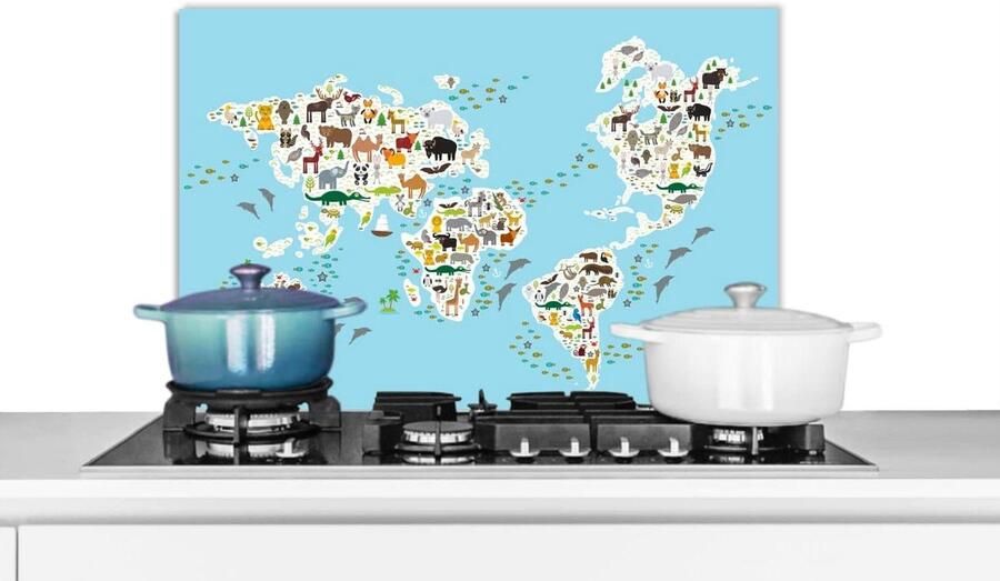 Keuken Spatscherm Spatwand Keukenpaneel Kookplaat Beschermen Wereldkaart Dierenprint 70x50 cm Blauw