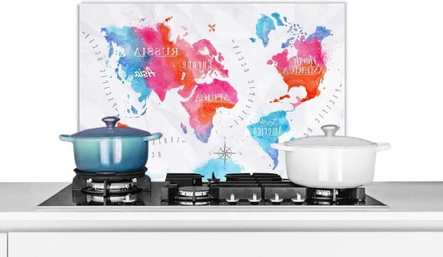 Keuken Spatscherm Spatwand Keukenpaneel Kookplaat Beschermen Wereldkaart Windroos 70x50 cm Veelkleurig