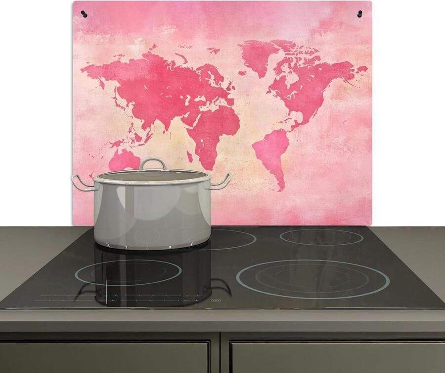 Keuken Spatscherm Wandbeschermer Kookplaat Koken en Beschermen Dubbele Functie 52x71cm Roze Wereldkaart